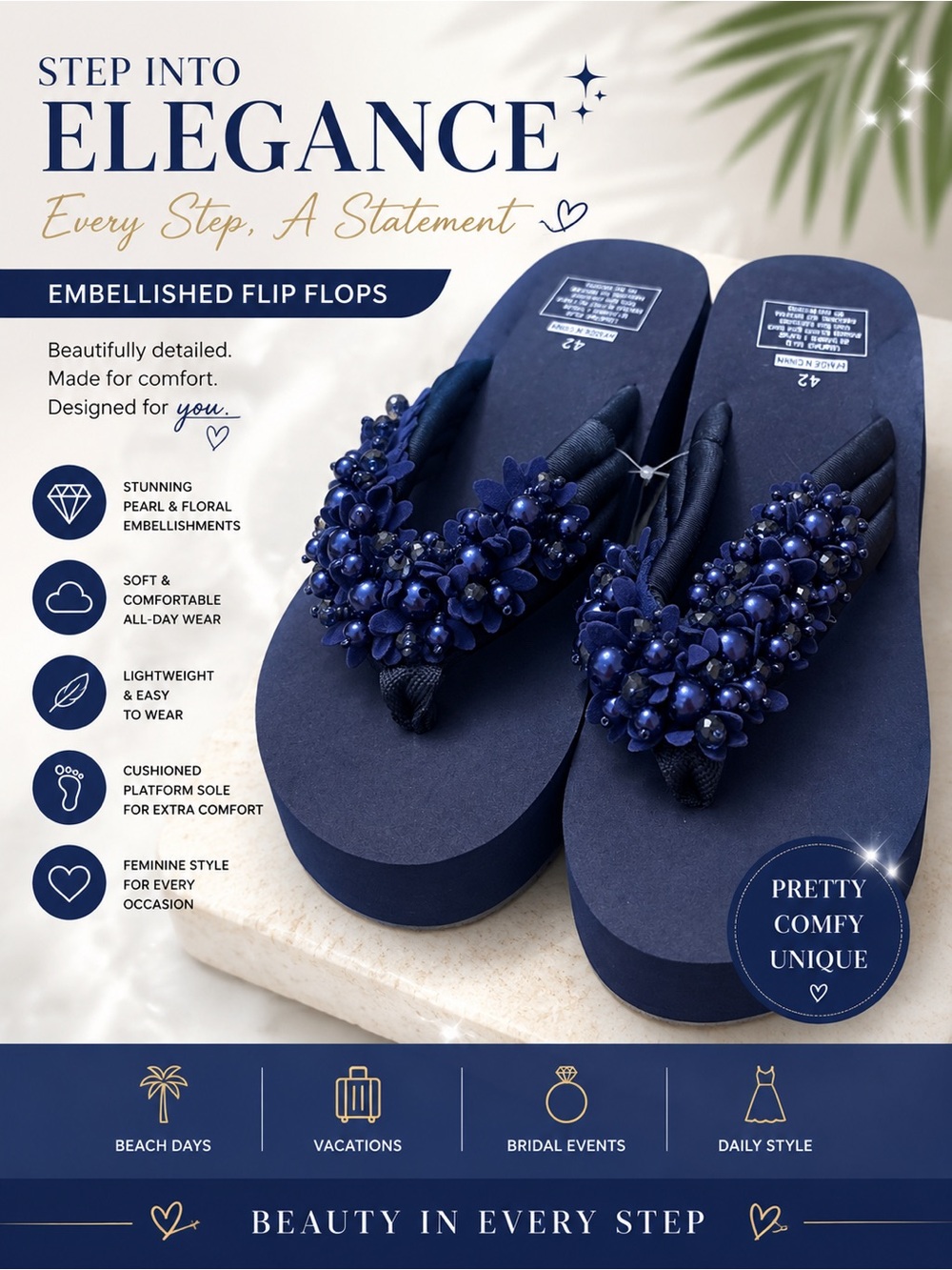 🩷.  S-39.  Embellished Navy Pearl Flip Flop Sandals